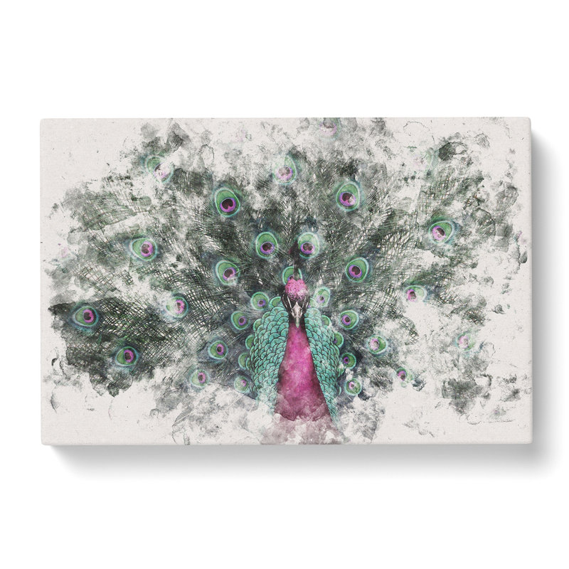 Mesmerising Pink & Green Peacock Watercolour - Wrapped Canvas Print, 60cm H x 91cm W x 3cm D