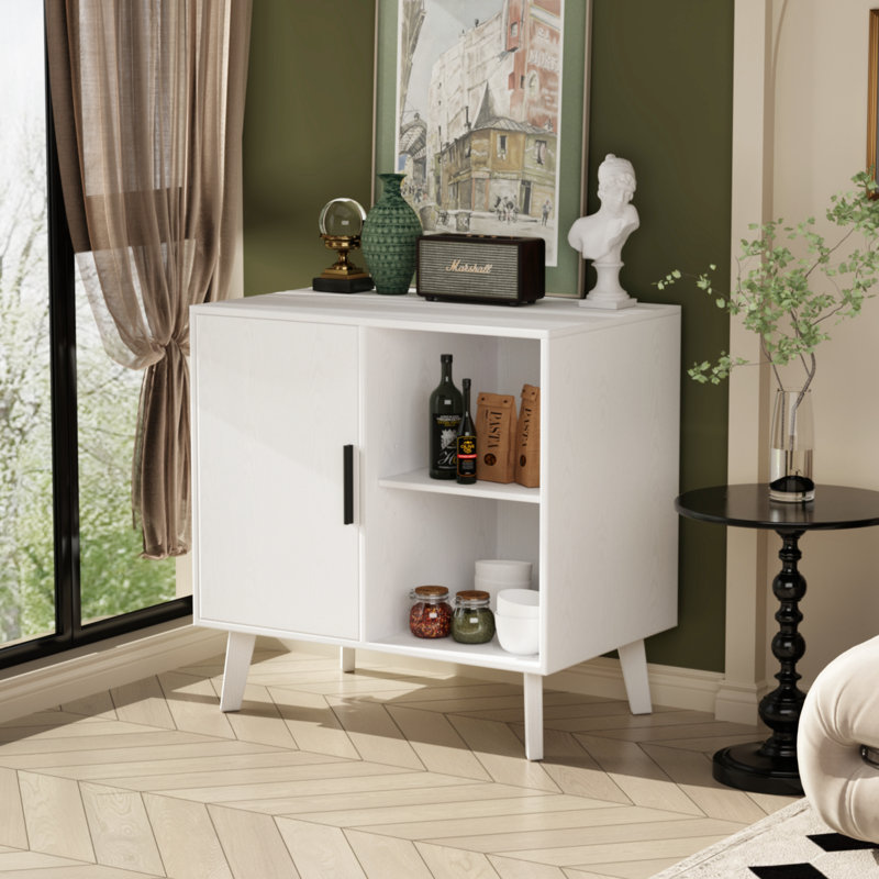 Armoire de rangement avec pieds en bois massif, buffet blanc avec 2 tablettes 31,5 po x 15,75 po x 31,5 po, console moderne pour la salle à manger