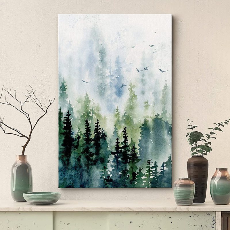 «Woodland Forest Landscape Pine Tree Bird In Sky Nature Forest Modern Art Landscape», reproduction d'art sur toile encadrée