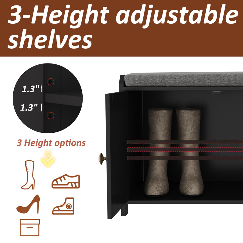 Shoe Storage Bench With Cushion, Entryway Shoe Cabinet Bench With 4 Doors, Black