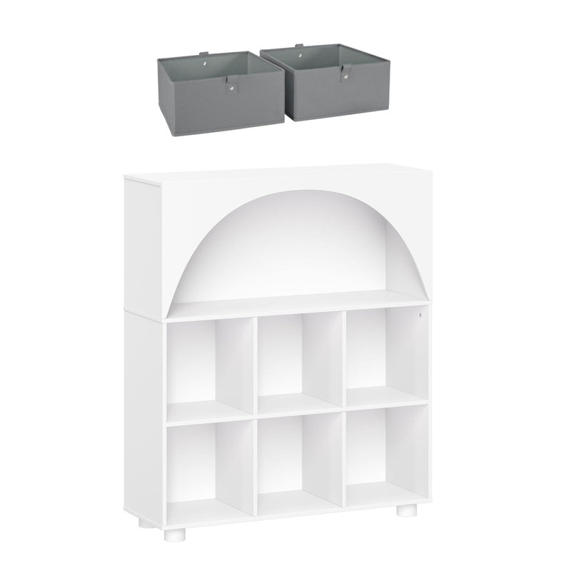 Arched 35 In. 6 Cubby Storage Cabinet With 2Pc Half Size Bins, White/Gray