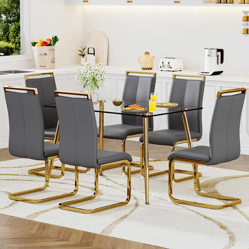 Ensemble de table à manger 51,2 po, ensemble de salle à manger moderne en verre avec pieds en métal doré et chaises ergonomiques