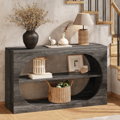 55" Farmhouse Console Table,3-Tier Large Capacity Long Entryway Table Sofa Table with Oval Hollowed Out