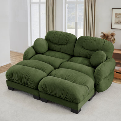 Canapé modulaire confortable à 2 places en tissu de chenille plissé avec siège ergonomique en mousse haute densité, canapé modulaire en forme de L avec 2 repose-pieds, accoudoirs arrondis arrondis et 2 coussins décoratifs ronds