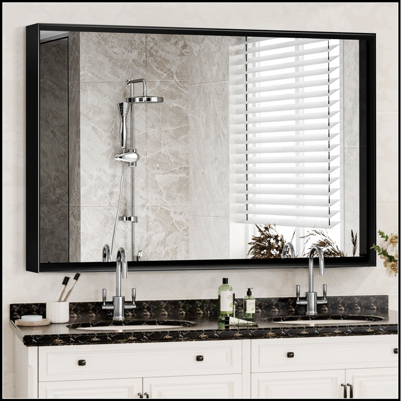 Miroir de salle de bain 36 x 30 pouces noir brillant avec bord biseauté, cadre résistant à la rouille et options de suspension polyvalentes pour un décor moderne et industriel