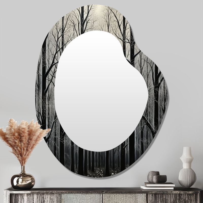 Black and white mistic Forest - Monochrome Irregular Shape Decorative Mirror, Traditional Asymmetrical Wall Mirror, Printed Metal Art