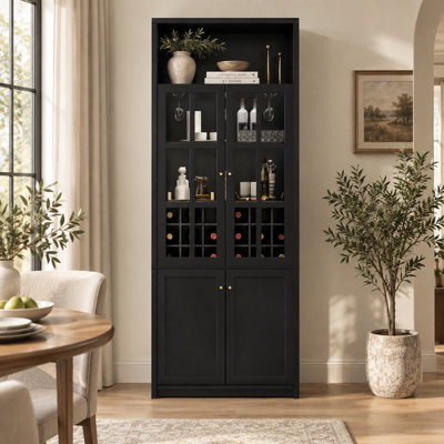 79 Inch Tall Wine Cabinet with Glass Doors 18 Bottle Rack Stemware Storage and Adjustable Shelves