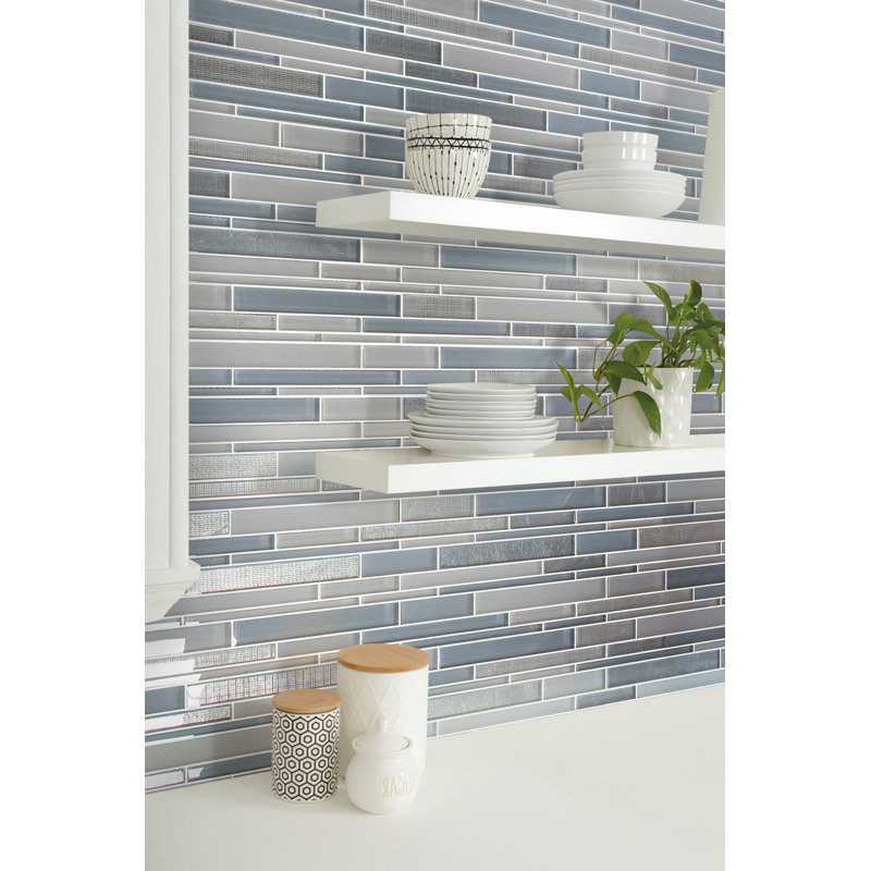 11.8" x 12.2" Glass Mosaic Tile, White/Blue/Silver