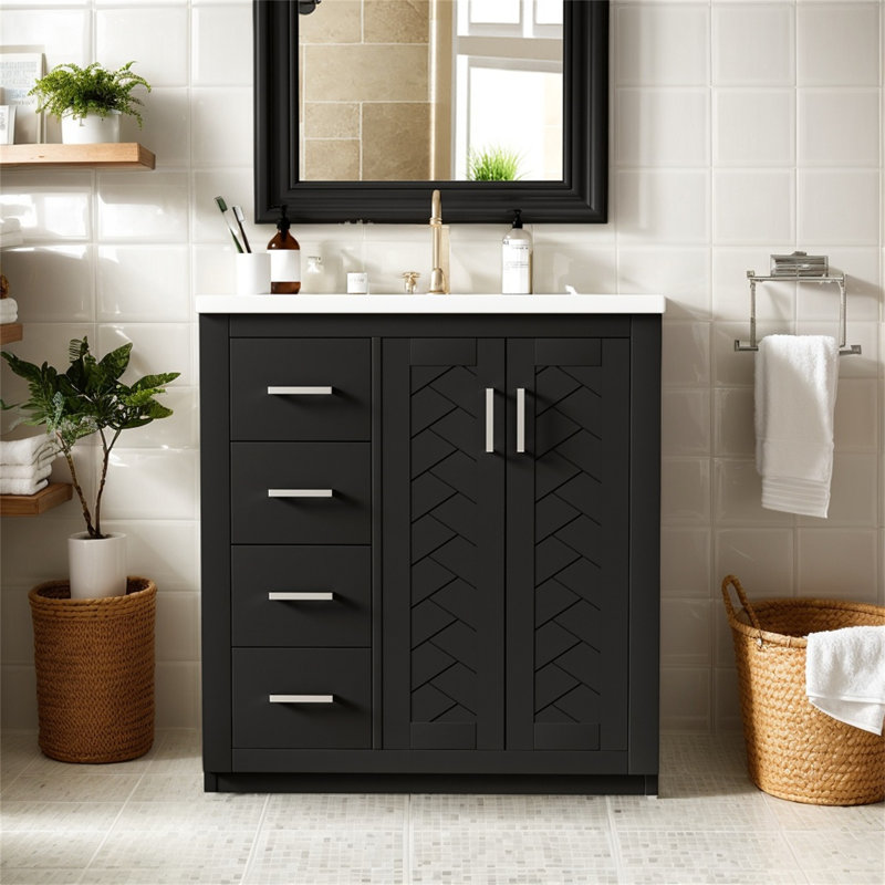 Ensemble de meuble-lavabo moderne avec lavabo en céramique, 3 tiroirs, portes à fermeture douce - Solution de rangement élégante et fonctionnelle -