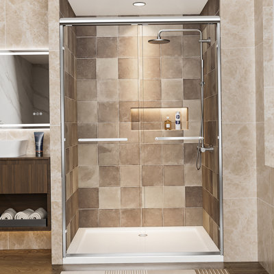 Porte de douche coulissante double en aluminium, porte de douche en verre trempé avec film antidéflagrant et poignées en acier inoxydable