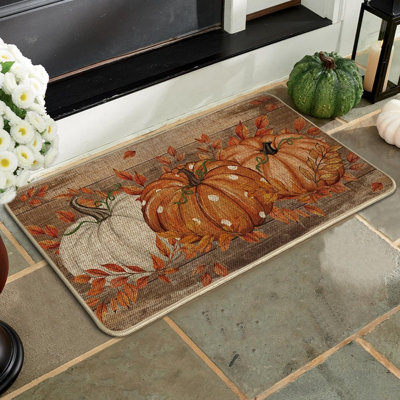 Paillasson bois à pois orange et eucalyptus d'automne | Tapis de bienvenue Autumn pour l'intérieur et l'extérieur