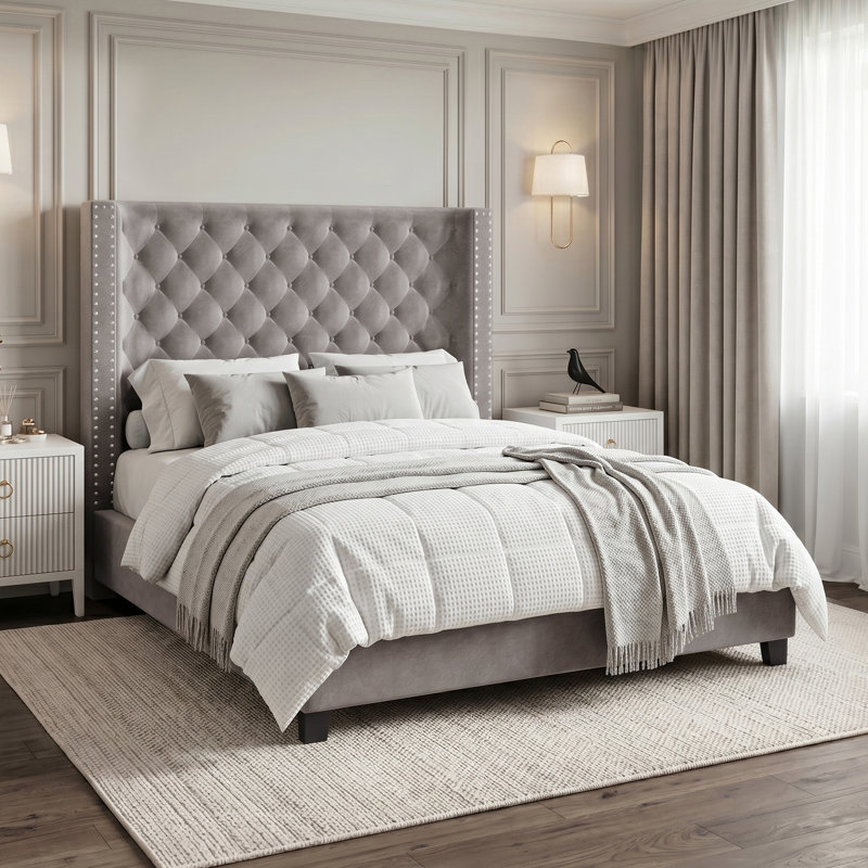 Charette Upholstered Wingback Bed, Queen, Gray