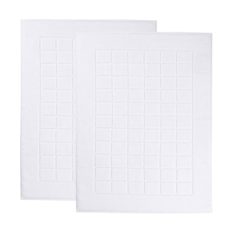Nora Cotton Terry Solid Absorbent Thick Checkered Washable 2 Piece Bath Mat Set, White
