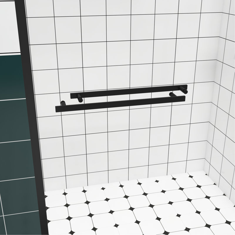 76" High Double Sliding Shower Door With Handle For Towel Hanging, Black Aluminum Frame, Easy Installation Steps Guide