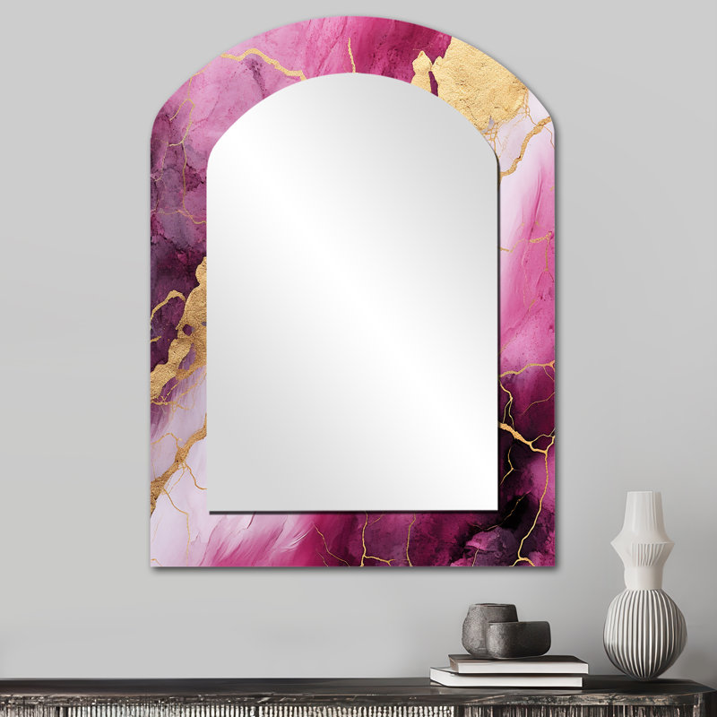 Rose et or Marble Essence II - miroir décoratif en arche de marbre, miroir mural asymétrique moderne, impression d'art en métal