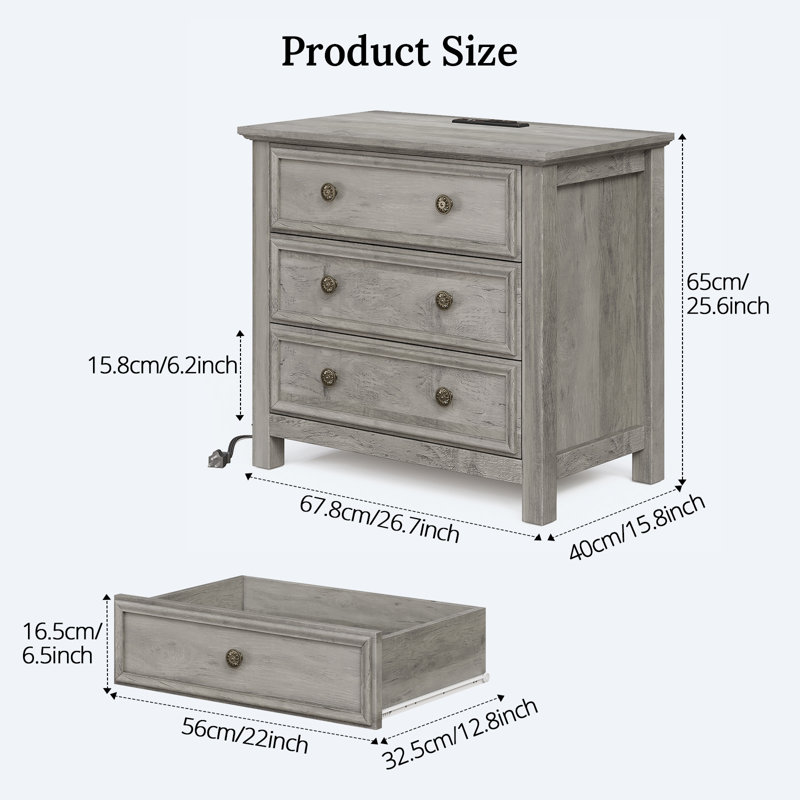 Ensemble de commode de chambre 2 pièces - grande commode 6 tiroirs et table de chevet 3 tiroirs l 26,7 po avec station de charge, gris délavé