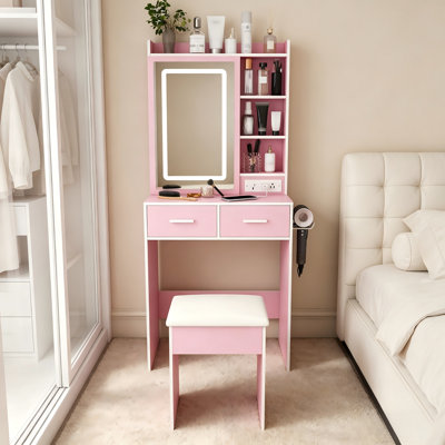 Petite coiffeuse rose avec miroir réglable à DEL avec prise de courant intégrée et coiffeuse avec tabouret et tablette rembourrés pour petite chambre à coucher