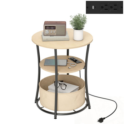 Table d'appoint ronde avec station de charge, sac de rangement en tissu et tablette