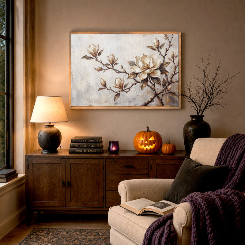 Crème, fleurs de magnolia sur fond texturé, art mural d'Halloween, H 32 po x l 48 po