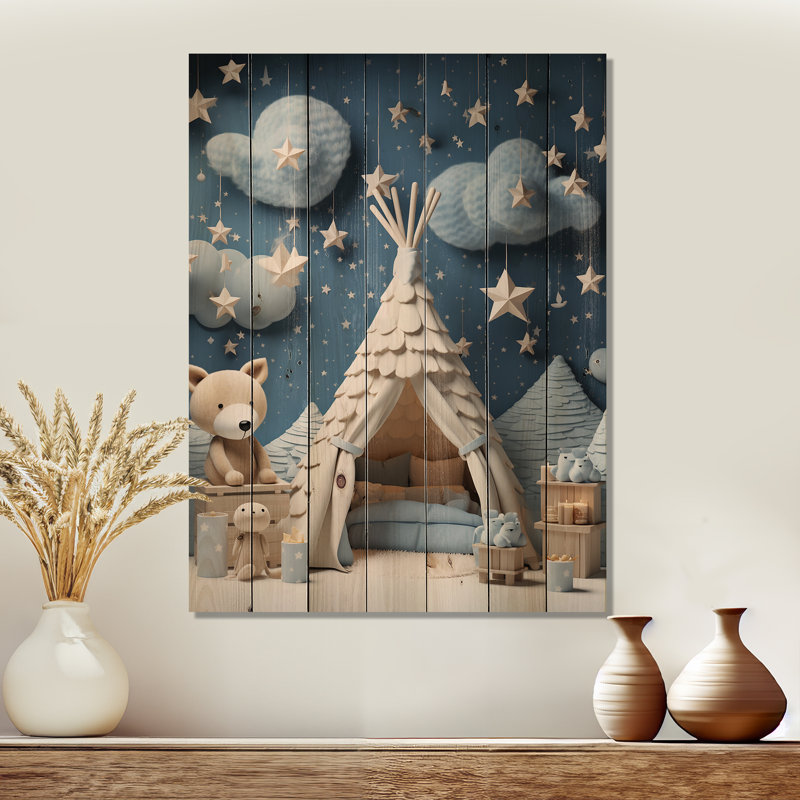 Child Nursery Starry Night I - Animal Nursery's On Wood Print, H 20 po x l 10 po