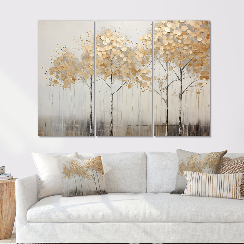 Minimalisme Golden Trees Tranquility - ensemble d'art mural toile sur arbre, H 28 po x l 36 po x P 1 po