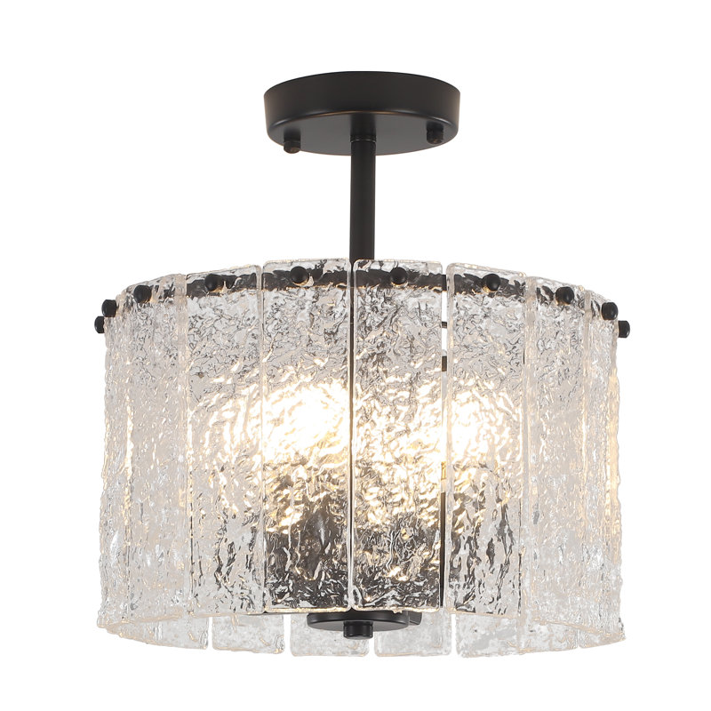 Plafonnier semi-encastré moderne à 4 lumières avec bande en verre martelé, Noir, noir, noir, noir