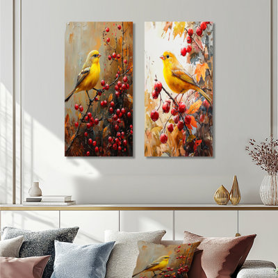 Finch, oiseau parmi les baies de la forêt I - animaux, art mural 2 pièces