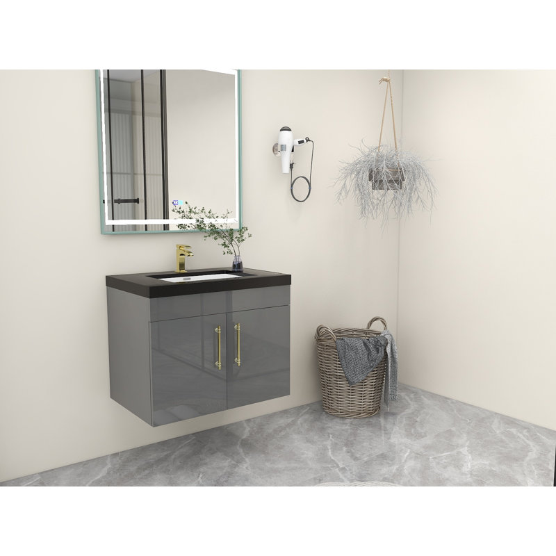 Ensemble de meuble-lavabo mural simple 30 po Camonte, Gris ultrabrillant, Or mat