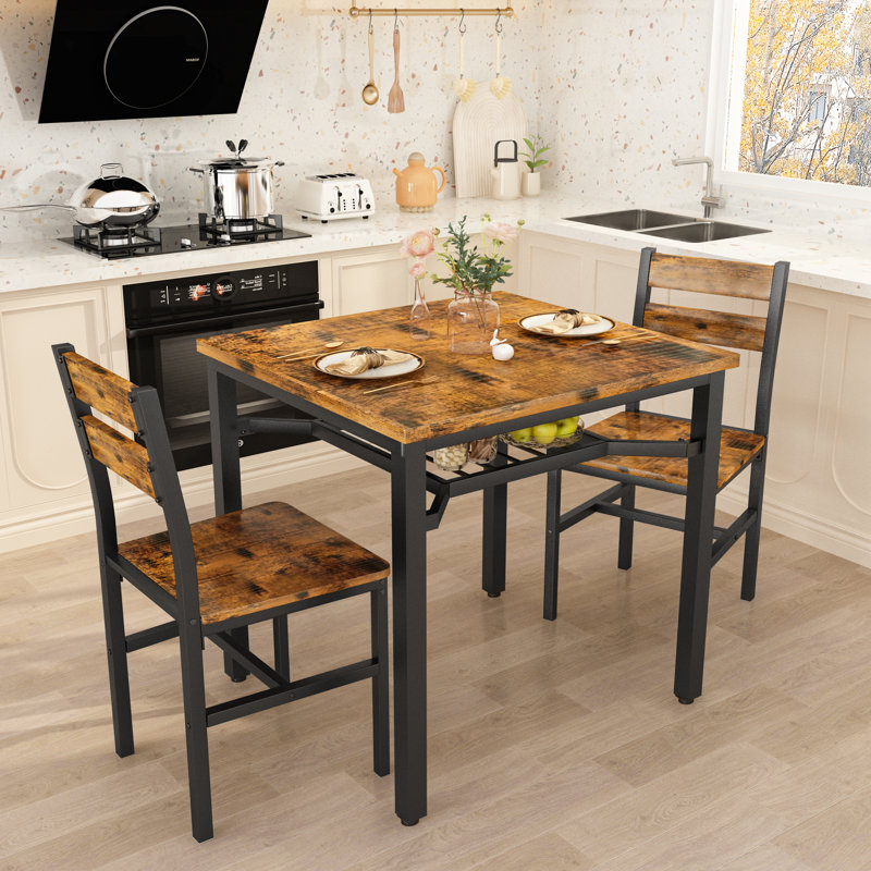 3 Piece Dining Table Set For 2 With Built-In Storage Rack, Small Wooden Kitchen Table With 2 Backrest Chairs, Farmhouse Square Dinette Set For Small Space Dining Room, Breakfast Nook, Apartment