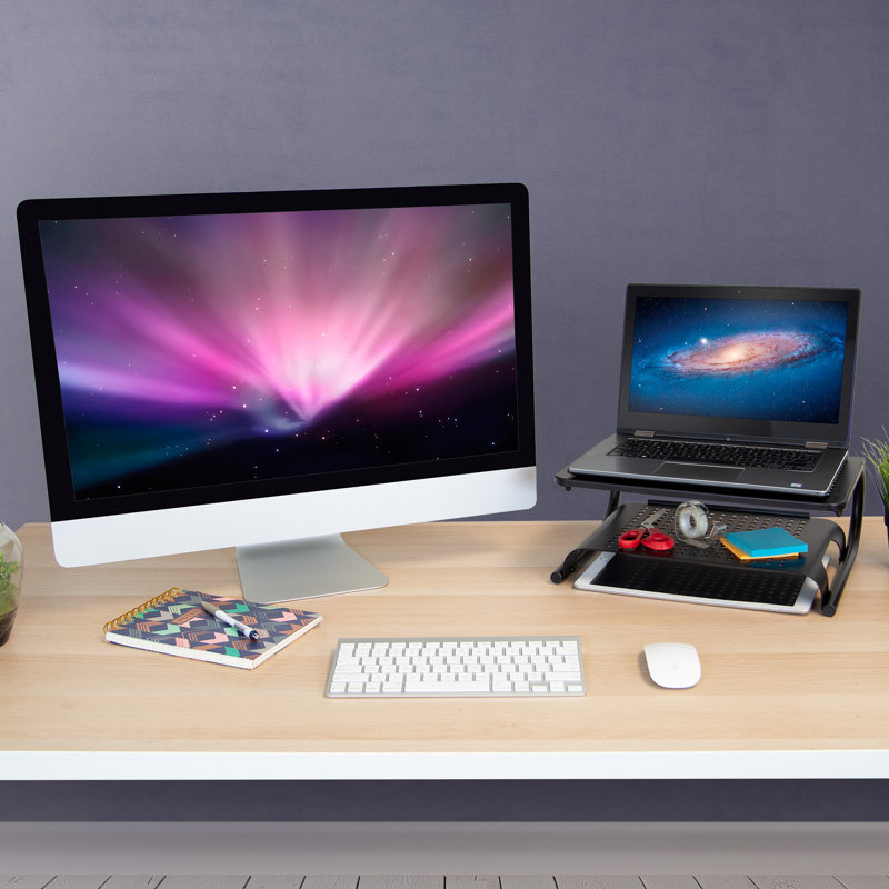 Black Metal Two-Tier Desktop Monitor Stand with Vented Design