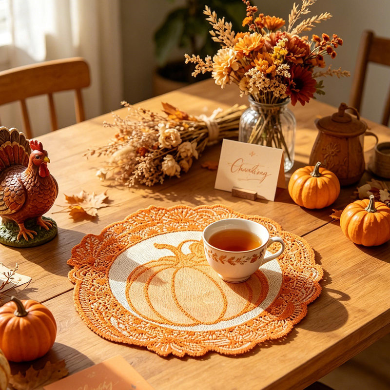 Napperons ronds en dentelle à motif citrouille d'automne, 30 cm, tricotés, orange, pour la décoration de table de l'Action de grâce, pour la maison ou les fêtes.