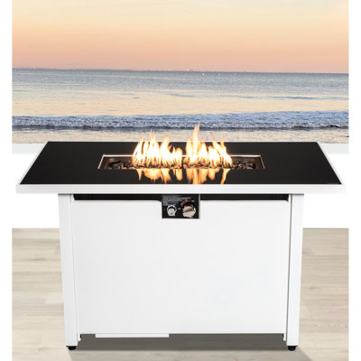 Foyer de table 50000, acier inoxydable, rouille, contemporain, blanc avec base en acier avec allumage et porte
