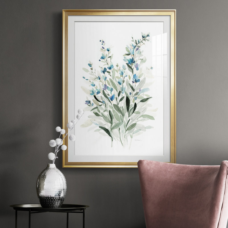 Delicate Blue Botanical I - peinture encadrée, H 30,5 po x l 42,5 po x P 1,5 po, Or