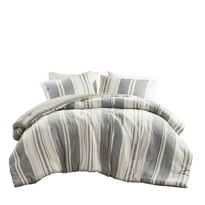 3pcs Comforter - Aesthetic Striped Comforter, Earthy Tones, Waffle And Gauze Textured Weave, 100% Cotton, Oversized For Relaxed Sleep, All , With Rein