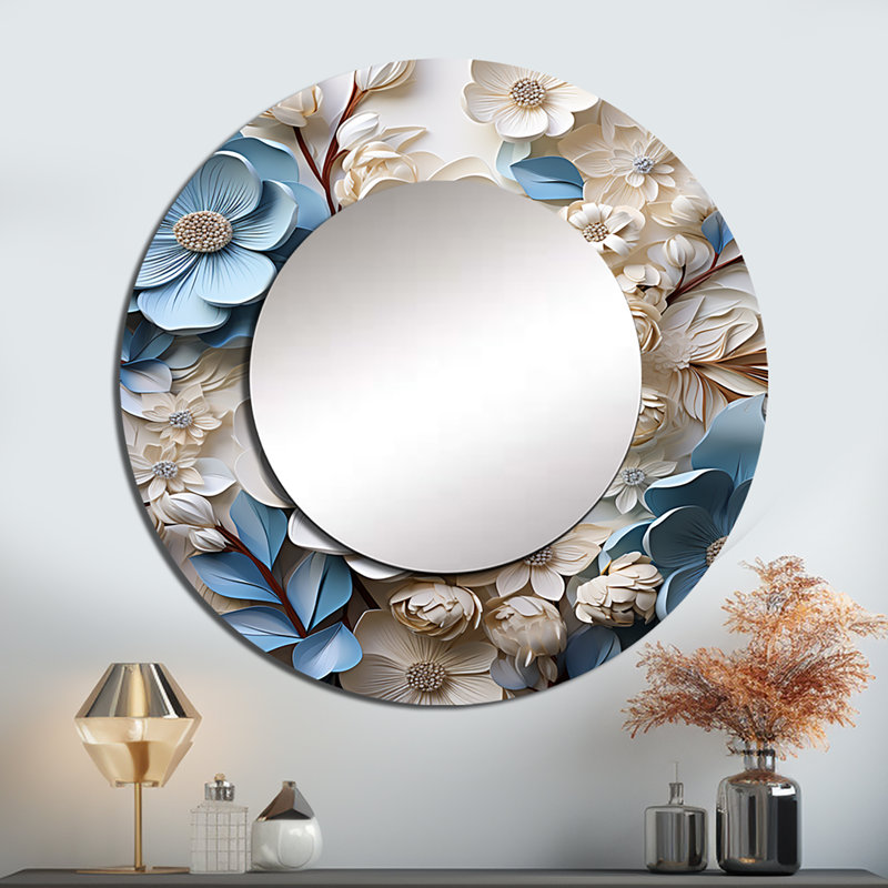 White And Blue Dogwood Flourishing Tranquility - Dogwood Large Mirror, Traditional Round Decorative Wall Mirror, Printed Metal Art