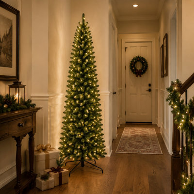 Pre-Lit Pencil Christmas Tree, 4.5-9ft Prelit Noble Fir Slim Artificial Tree with [100/150/200/250/300/450] Warm White LED Lights, [350/455/655/755/855/1,255] PVC Branch Tips, Perfect for Small Spaces & Corner Decor, Foldable Metal Stand