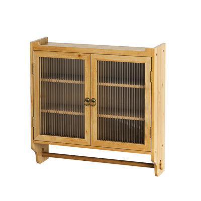 Armoire murale rétro à double porte avec profondeur de 24,8 po, rangement à trois niveaux et porte-serviettes, pour la cuisine, la salle de bain, la salle à manger, le verre en bois massif, les tablettes peuvent être enlevées