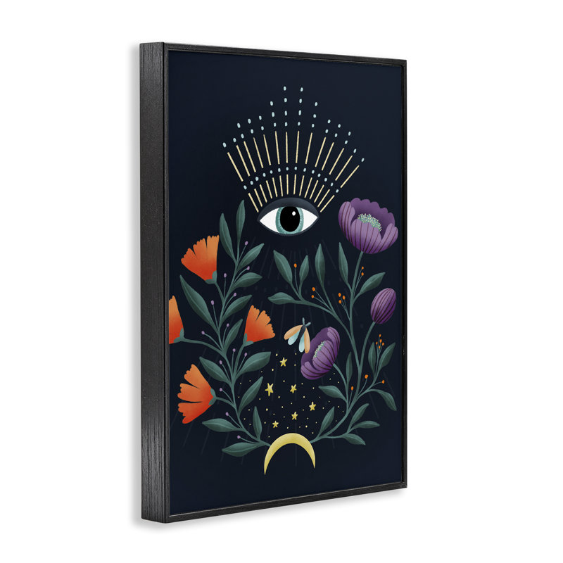 Giclée mystique à motif floral Evil Eye, design par Metka Hiti, H 18 po x l 12 po, Giclée encadrée noir minuit