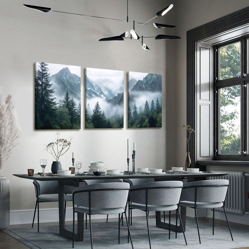 3Pcs Misty Forest Canvas Wall Art Natural Landscape Wall Decoration Paintings Nordic Misty Artwork Pictures Pine Tree Landscape Posters Print Living Room Bedroom Home Decoration 16x24 inch