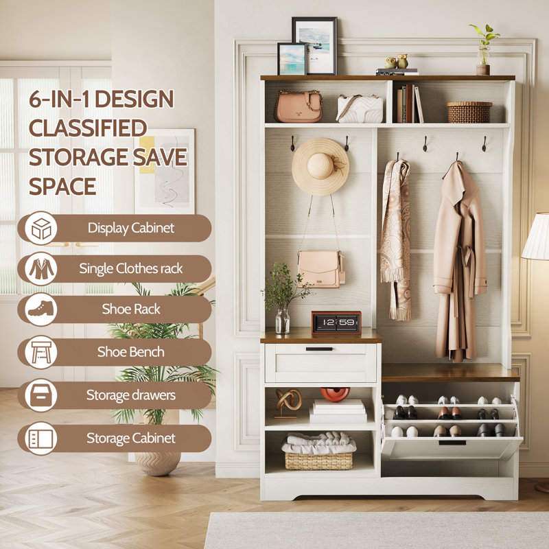 Hall Tree With Bench And Shoe Storage, 6-In-1 Entryway Organizer, 43.3" X 15.75" X 70.87", MDF Wood, Embossed White/Walnut Wood Grain Finish