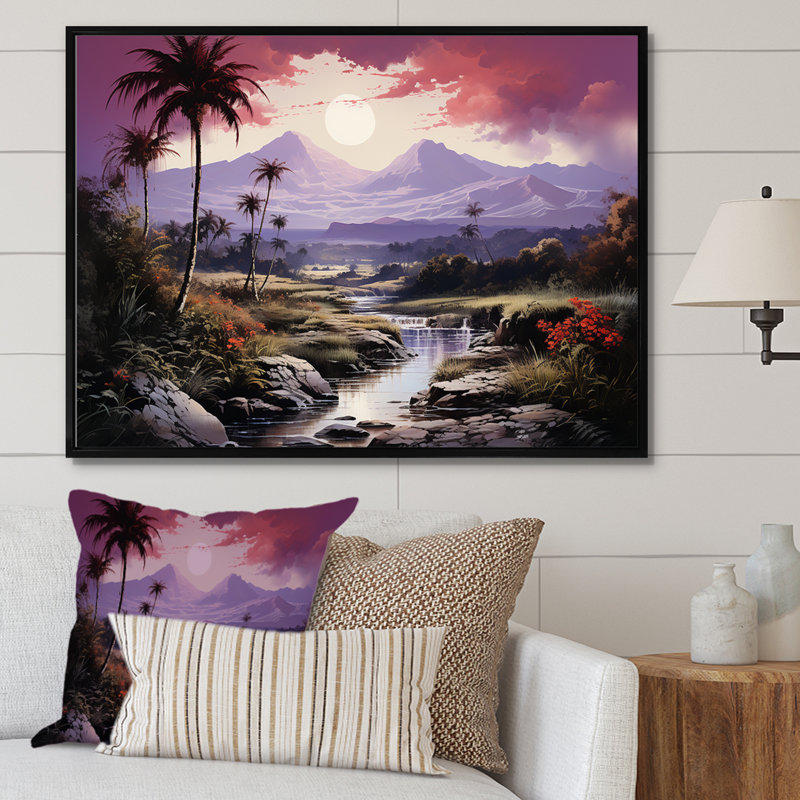 «Abstract Hawaii Palm Tree Sunset III», reproduction sur toile, Cadre flottant noir, H 16 po x l 32 po x P 1 po