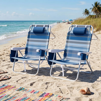 2-Pack Aluminum Frame Backpack Beach Chair, 5-Position Lay Flat Reclining Folding Chair, Breathable Textilene Mesh Chair with Cooler Bag & Cup Holder, 350 lbs Capacity Portable Lounge Chair for Outdoor Lawn Camping Poolside