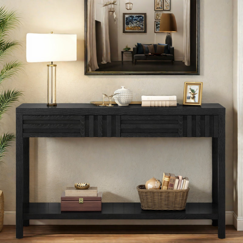 Modern Console Table With Striped Design, 2 Drawers And 2-tier Design, Black