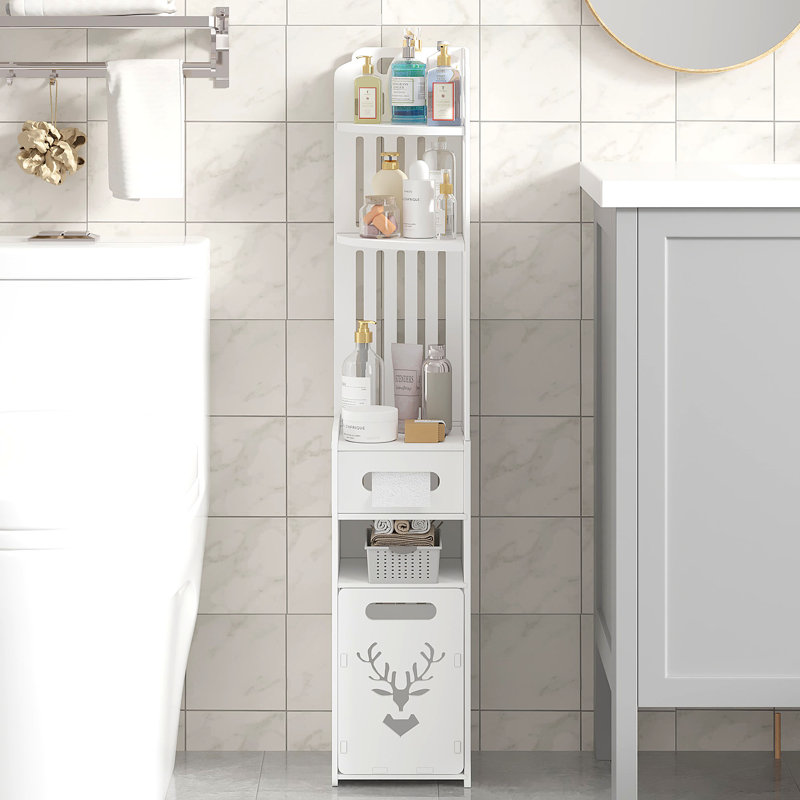 Slim Bathroom Storage Cabinet with Toilet Paper Holder, Corner Floor Standing Organizer, Narrow Triangle Freestanding Cabinet for Small Bathroom, Living Room, Kitchen, Bedroom