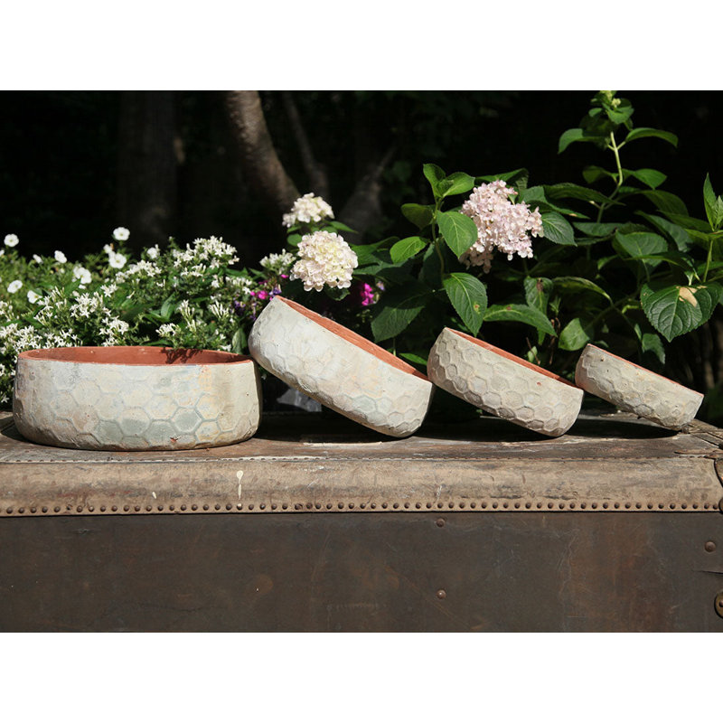 Pots de fleurs hexagonaux moyens en terre cuite, façonnés à la main, lot de 4 - Intérieur/Extérieur, Blanc héritage