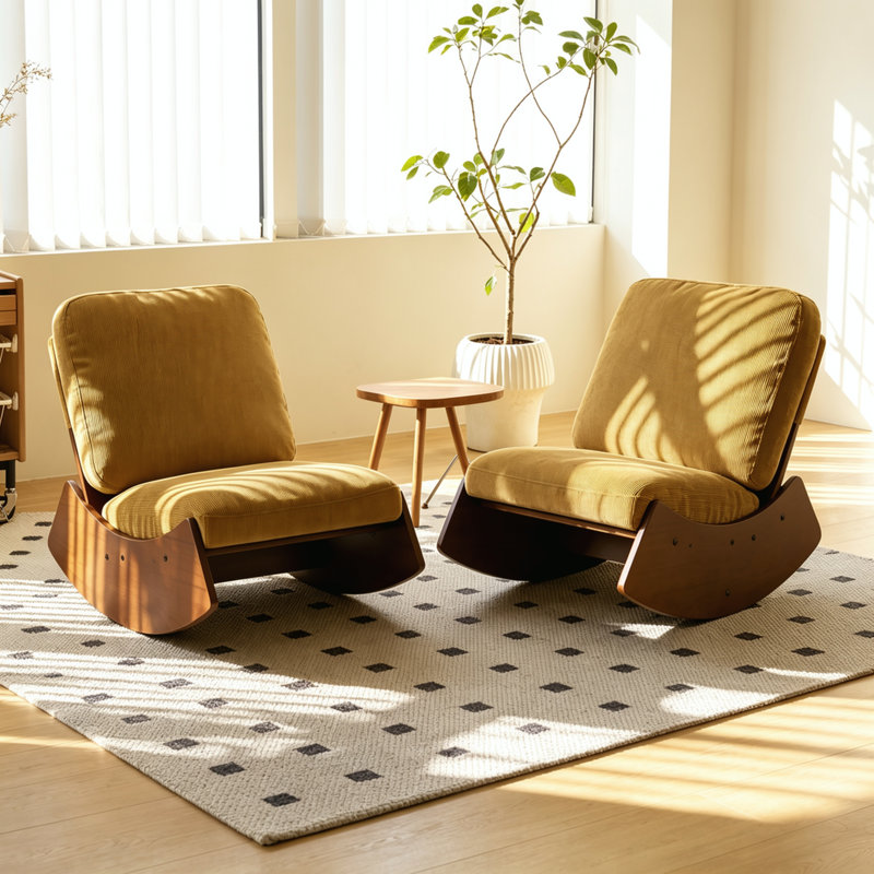 Chaise berçante rembourrée avec cadre en bois massif, jaune, ensemble de 2, 2, Jaune