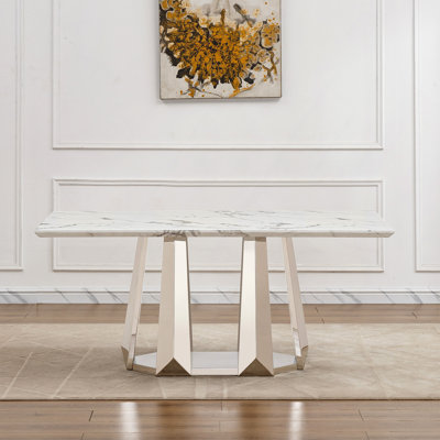 Table de salle à manger en marbre pour 6 personnes, table de salle à manger rectangulaire en faux marbre 70 po avec base en acier inoxydable à finition miroir, table de cuisine moderne en marbre de grande taille