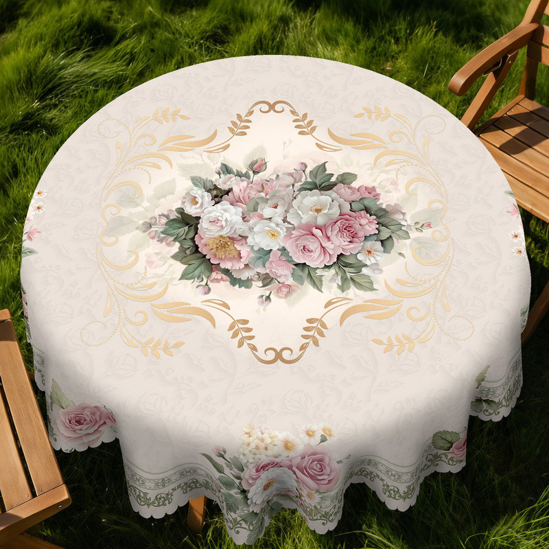 Machine-washable pink rose champagne-colored polyester tablecloth