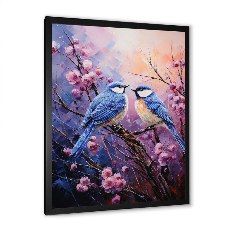 Impression sur toile - Chardon mauve et oiseaux bleus, H 40 po x l 30 po x P 1,5 po, Cadre photo noir