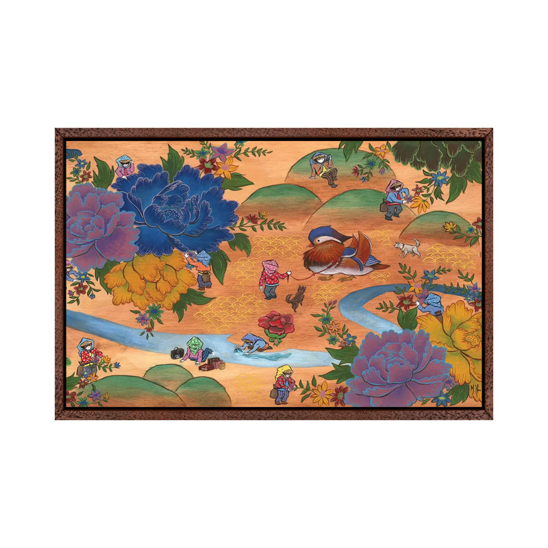 Peony Mandarin Duck 1 Piece Wall Art on Canvas, 66.04 cm H x 45.72 cm W, Classic Brown Wood Framed